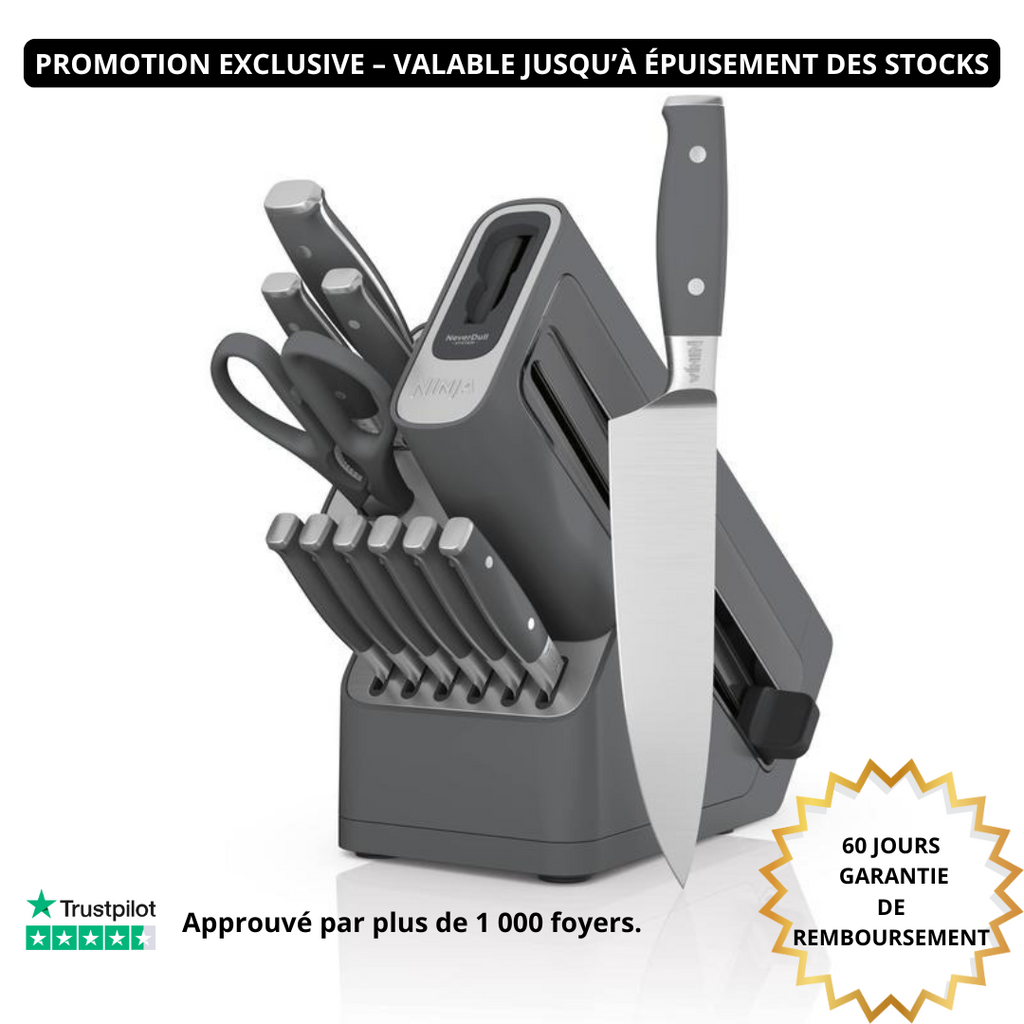 Coffret professionnel de 12 couteaux en acier inoxydable avec aiguiseur intégré.
