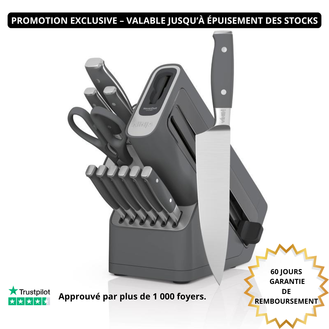 Coffret professionnel de 12 couteaux en acier inoxydable avec aiguiseur intégré.