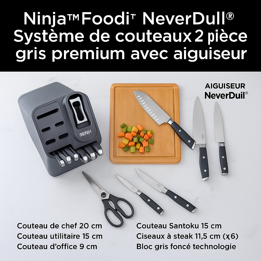 Coffret professionnel de 12 couteaux en acier inoxydable avec aiguiseur intégré.