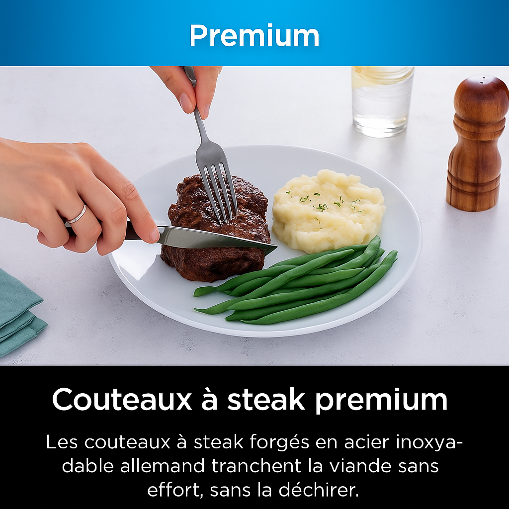 Coffret professionnel de 12 couteaux en acier inoxydable avec aiguiseur intégré.
