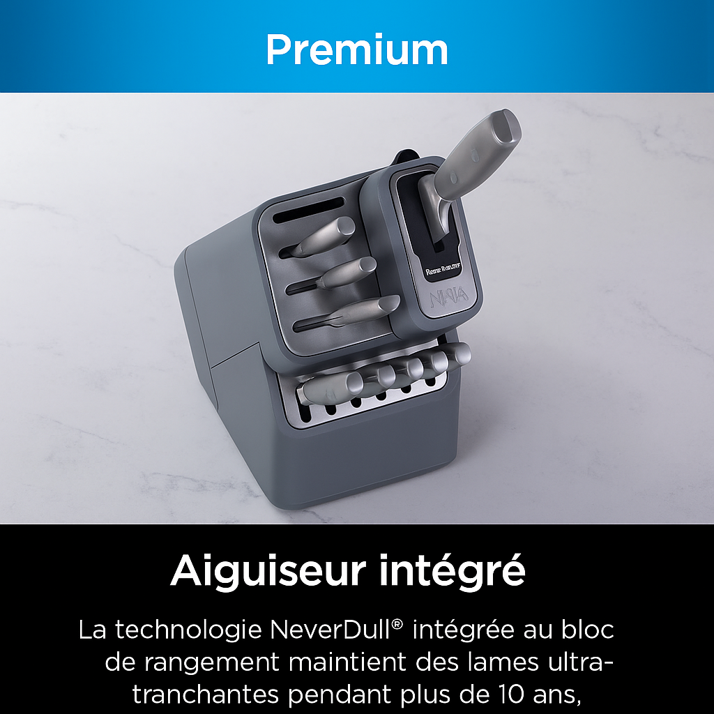Coffret professionnel de 12 couteaux en acier inoxydable avec aiguiseur intégré.