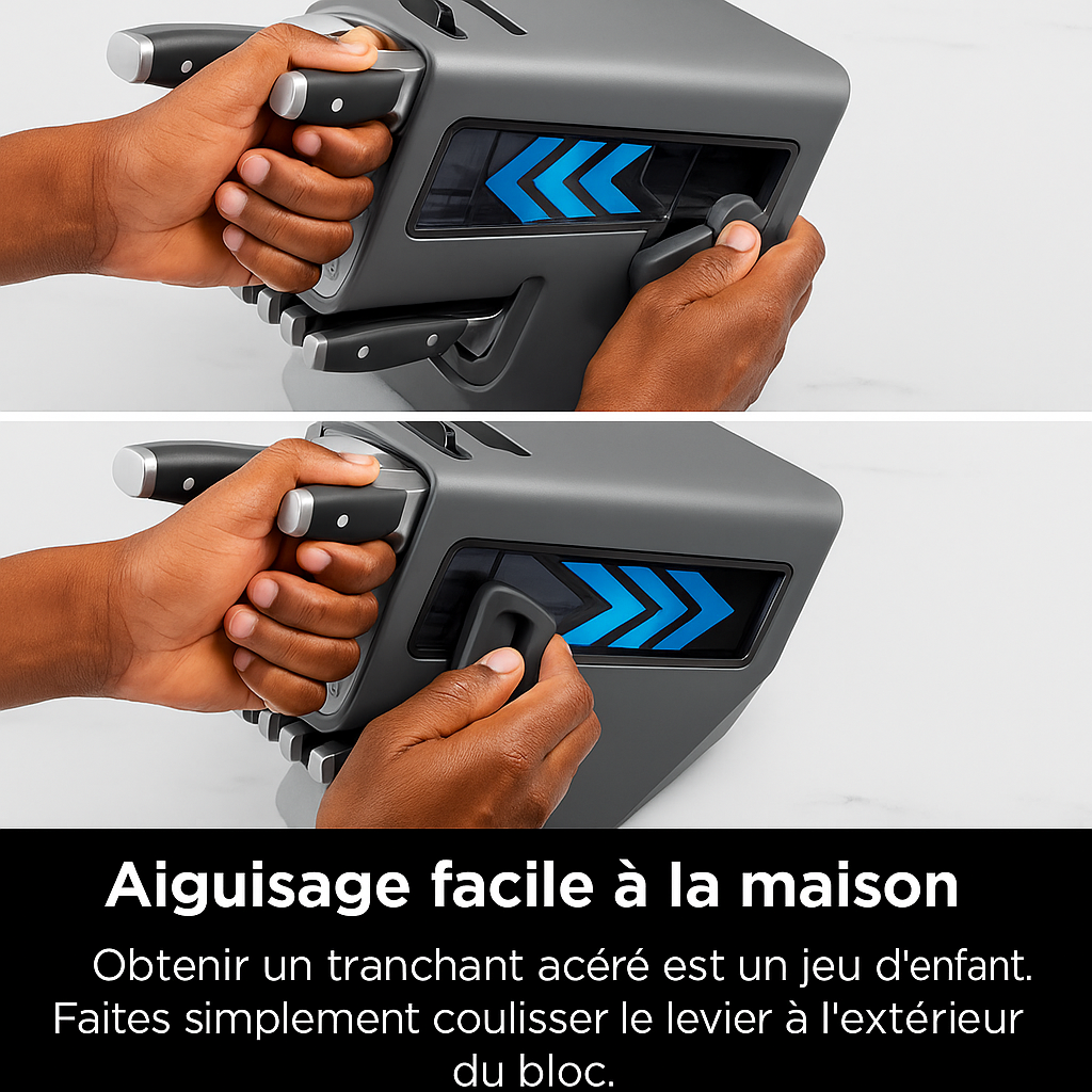 Coffret professionnel de 12 couteaux en acier inoxydable avec aiguiseur intégré.
