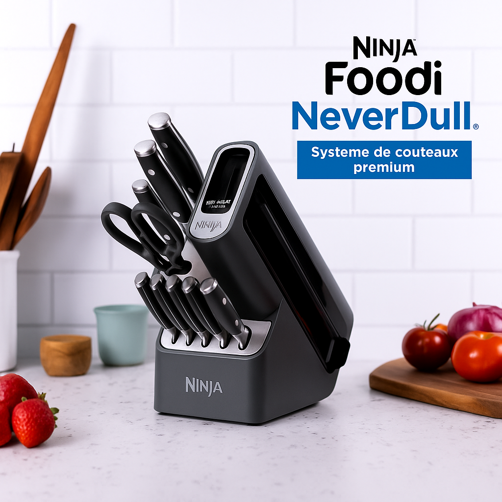 Coffret professionnel de 12 couteaux en acier inoxydable avec aiguiseur intégré.
